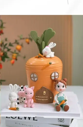 Bánh kem nhà cà rốt với thỏ và chibi cầm cà rốt