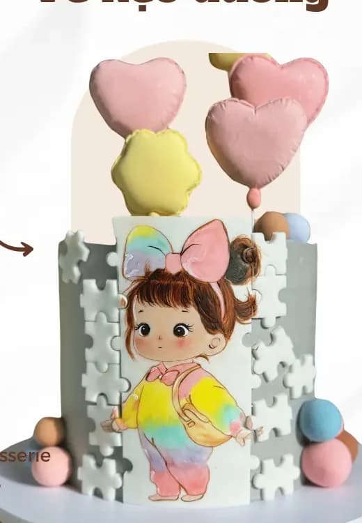Bánh kem vẽ kẹo đường chibi bé gái nơ hồng và bóng trái tim